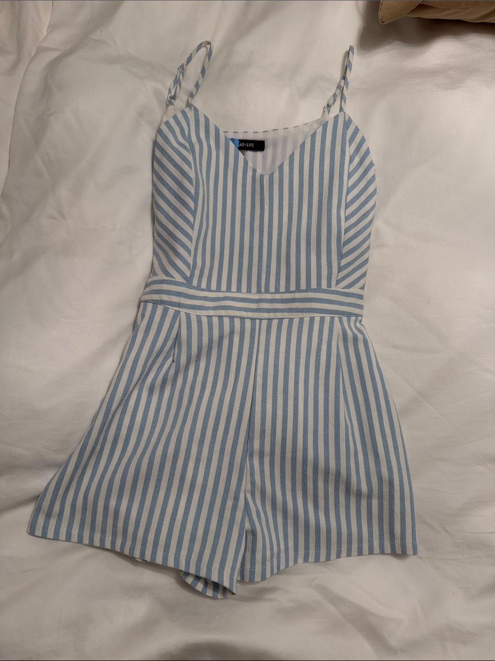 Sugarlips Light Blue & White Striped Romper with tie for front or back